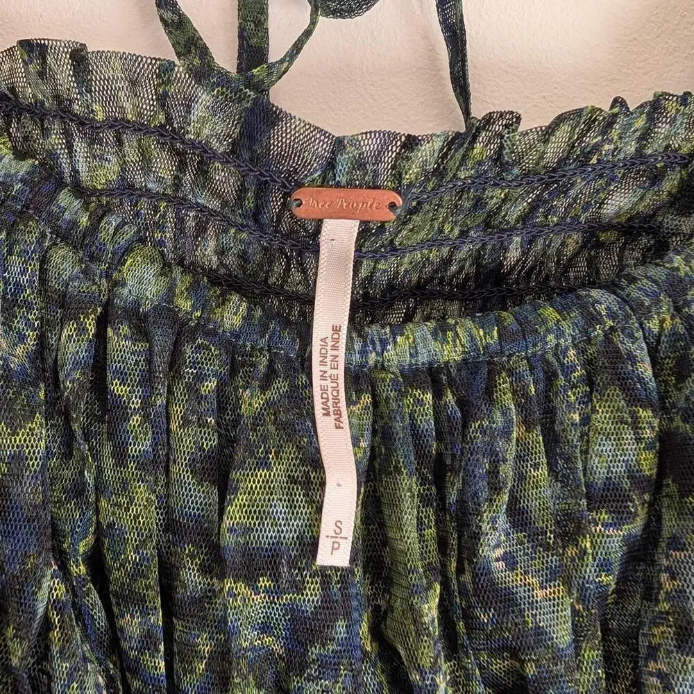 Free People Green Abstract Floral Mesh Puff Sleeve Smocked Babydoll Top S